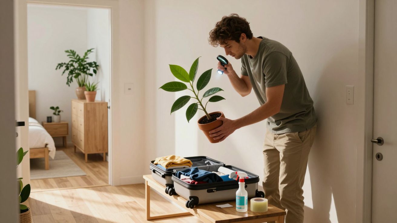 Homem a inspecionar planta com lupa enquanto faz uma mala numa sala iluminada.