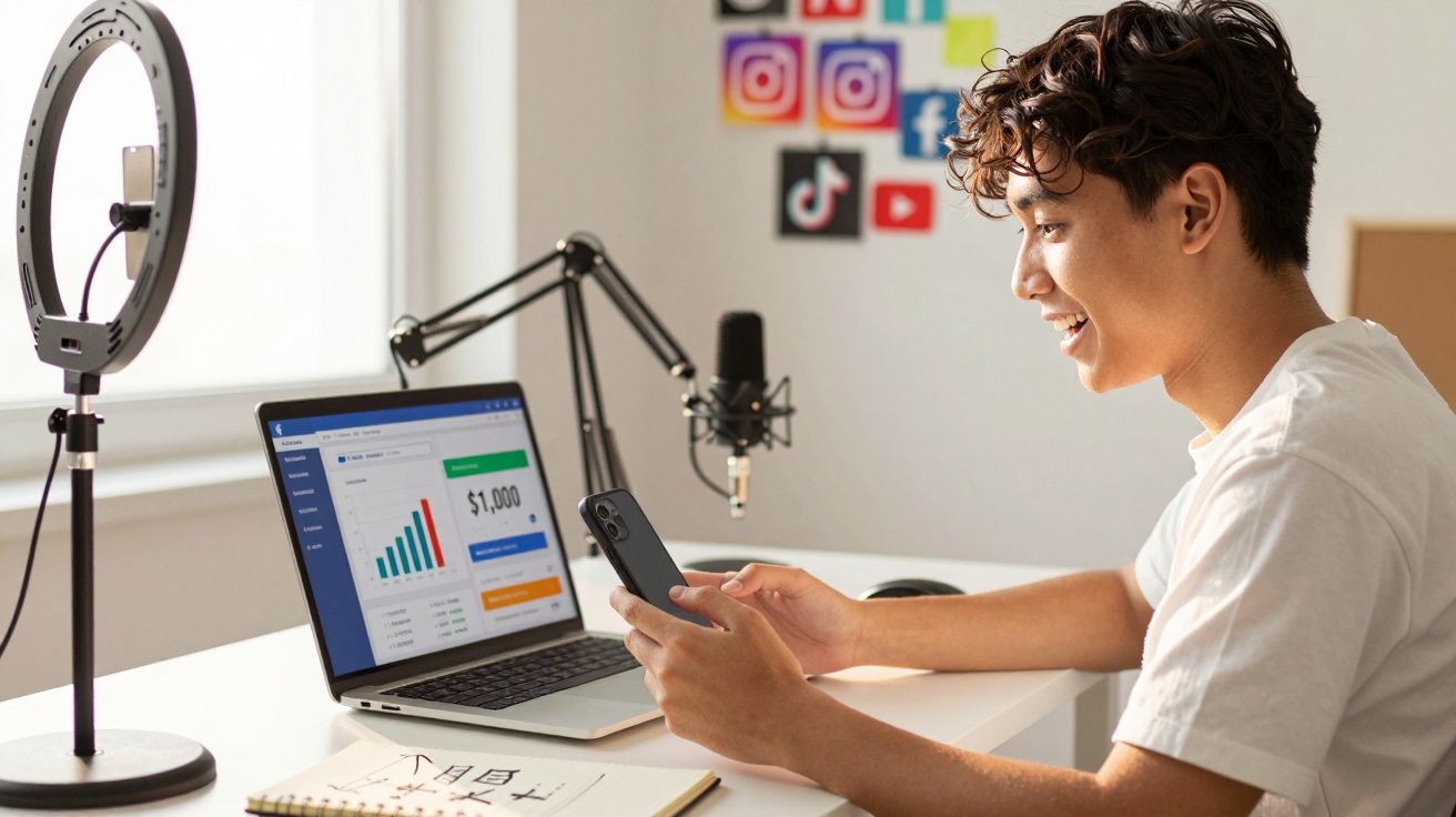 Jovem a sorrir enquanto usa smartphone e portátil em escritório com ícones de redes sociais na parede.