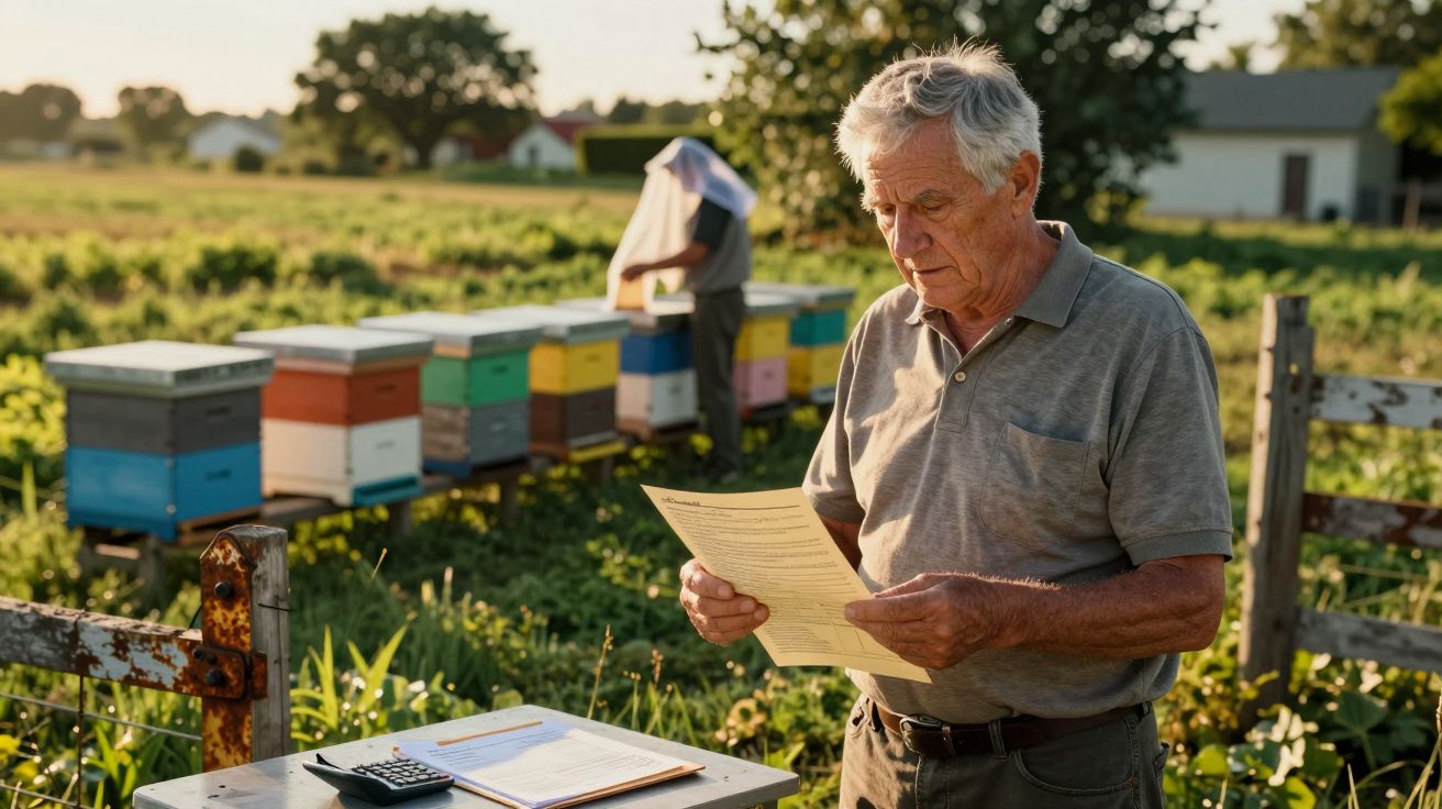 Apicultor idoso a ler documento numa colmeia com caixas coloridas, num campo ao entardecer.