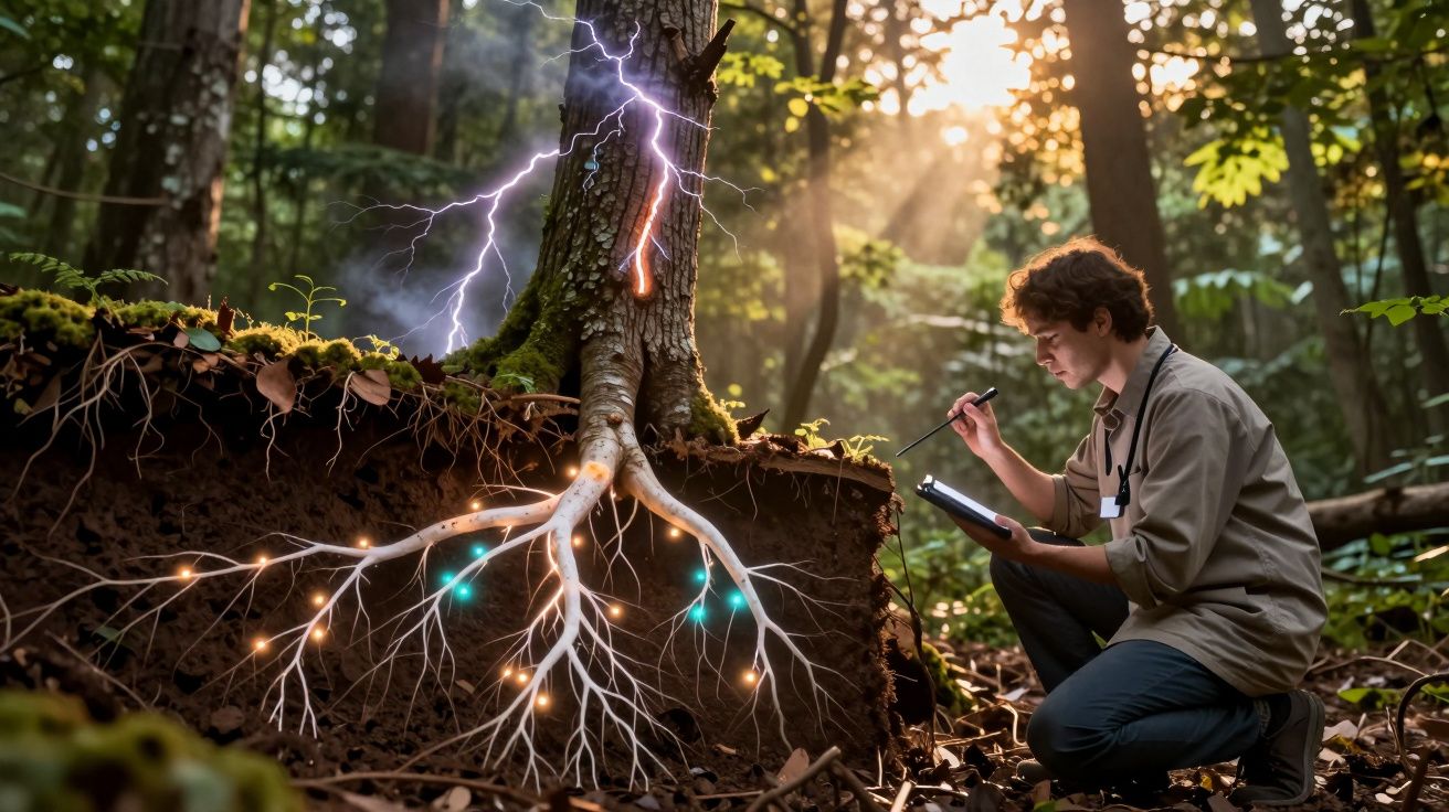 Homem a estudar sistema de raízes iluminadas e relâmpago a atingir árvore numa floresta ao amanhecer.