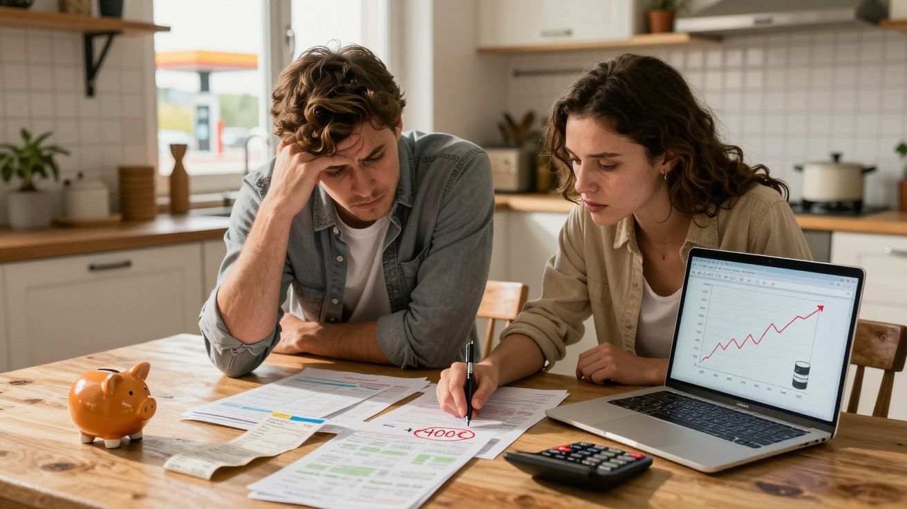 Casal preocupado analisa contas e orçamentos numa cozinha, com laptop e mealheiro na mesa.