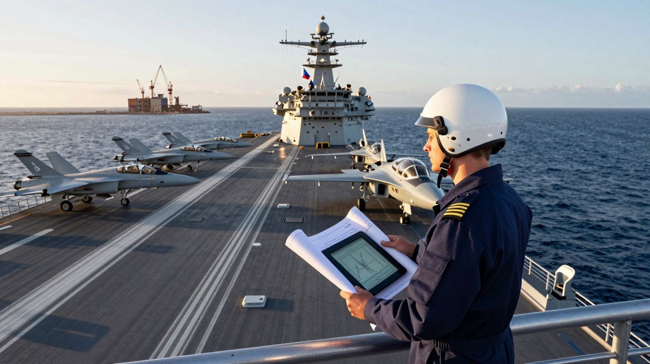 Oficial naval com capacete branco observa planos no convés de porta-aviões com caças estacionados e mar ao fundo.