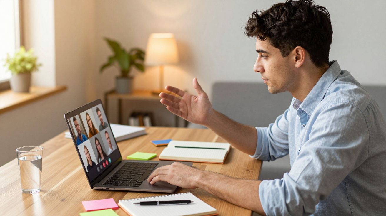 Jovem a participar numa videoconferência em casa, sentado à mesa com computador portátil e blocos de notas.