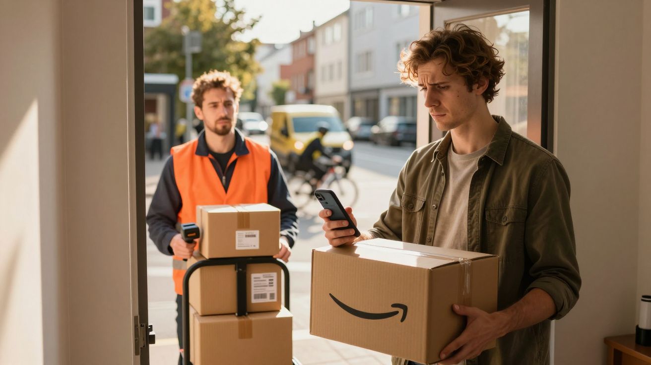 Homem a receber encomenda da Amazon de entregador com colete laranja na porta de casa.