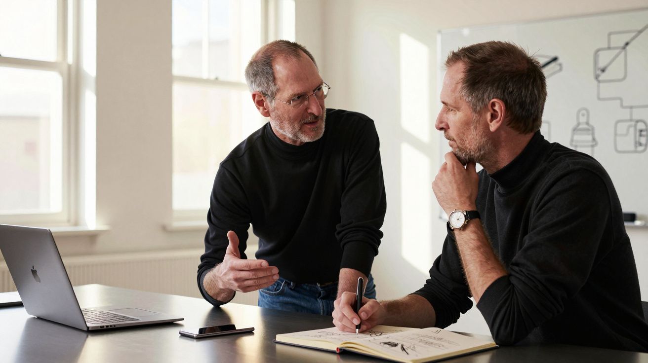 Dois homens em camisolas pretas discutem ideias em escritório, com computador aberto e caderno de anotações.