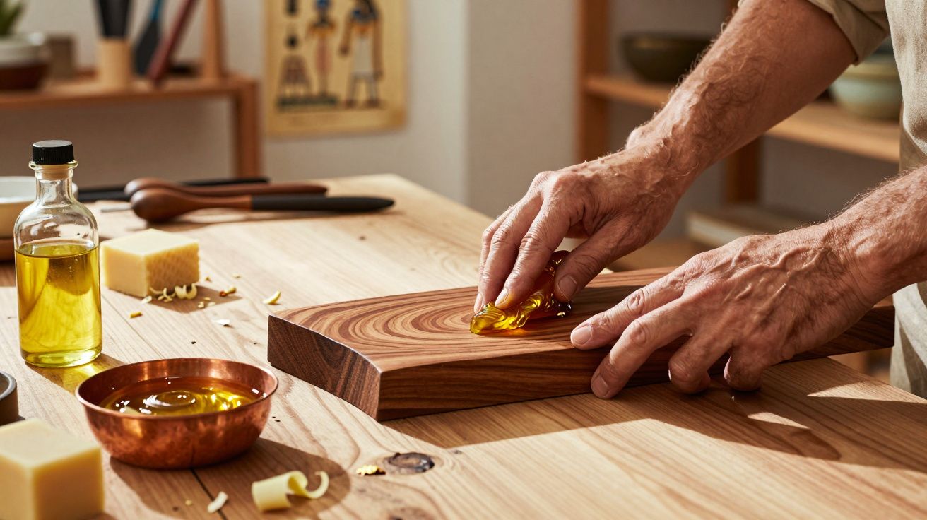 Mãos masculinas aplicam óleo com esponja numa tábua de madeira numa mesa com utensílios de cozinha.
