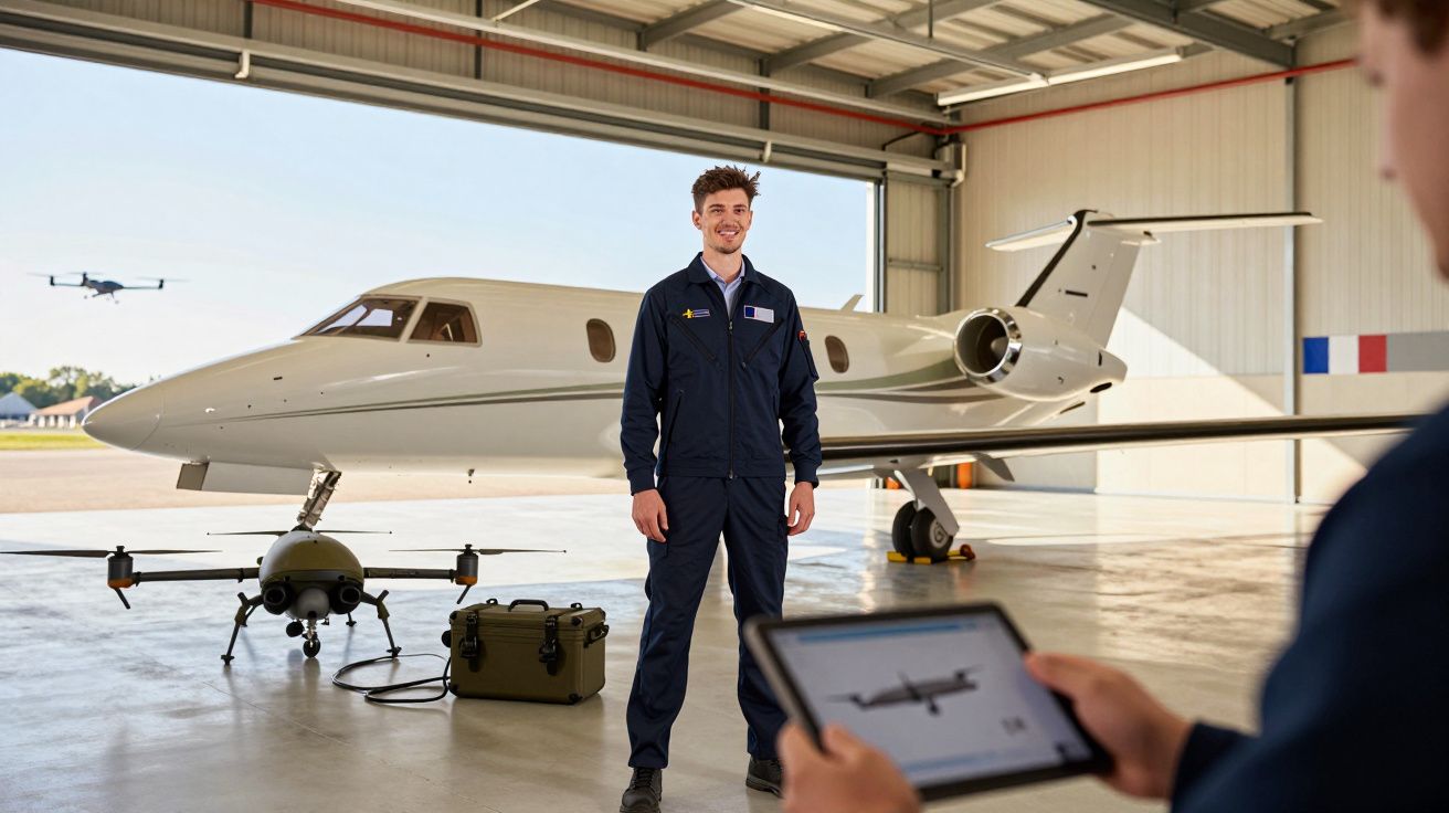 Homem de uniforme azul junto a drone e avião privado numa hangar, com outra pessoa a operar tablet.
