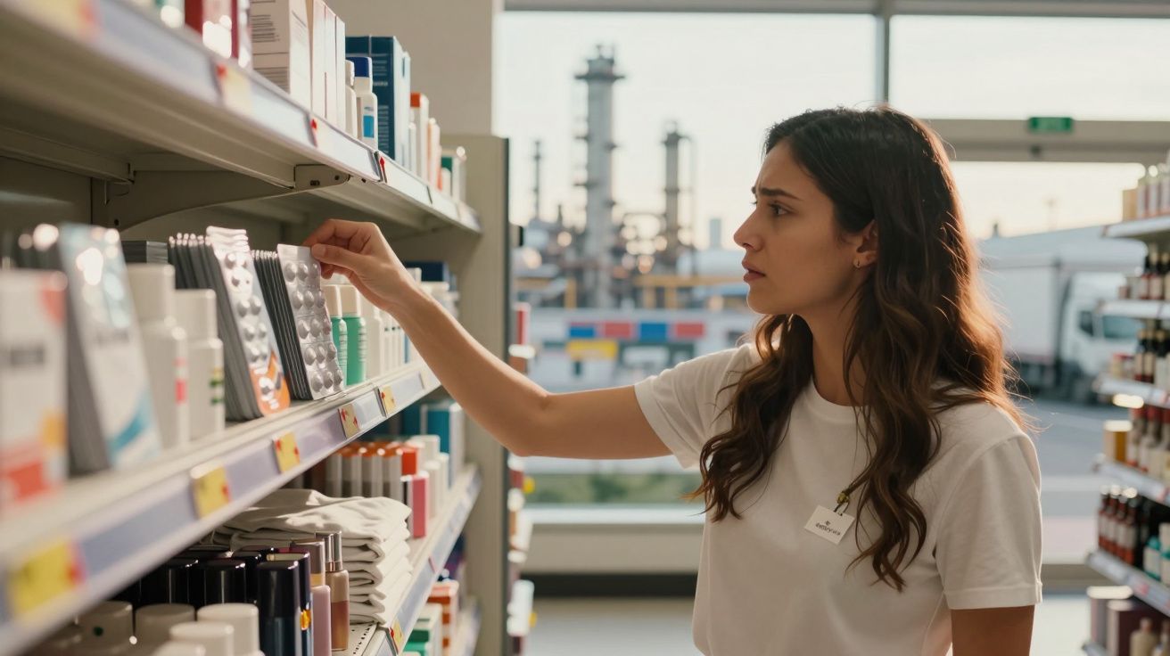 Mulher a escolher produtos numa prateleira de loja com janelas que mostram indústria ao fundo.
