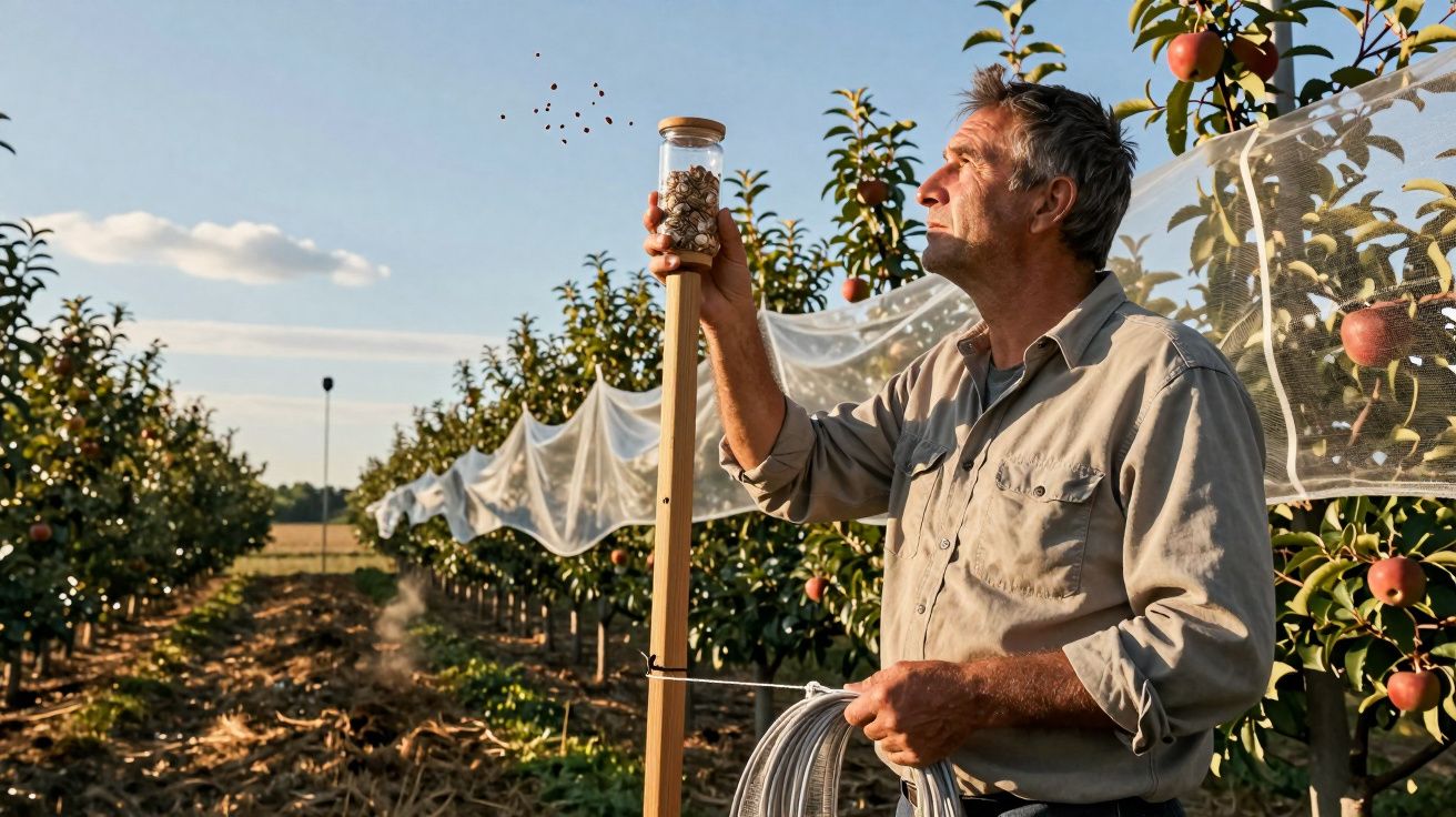 Homem a libertar joaninhas para controlar pragas numa pomar de macieiras ao pôr do sol.
