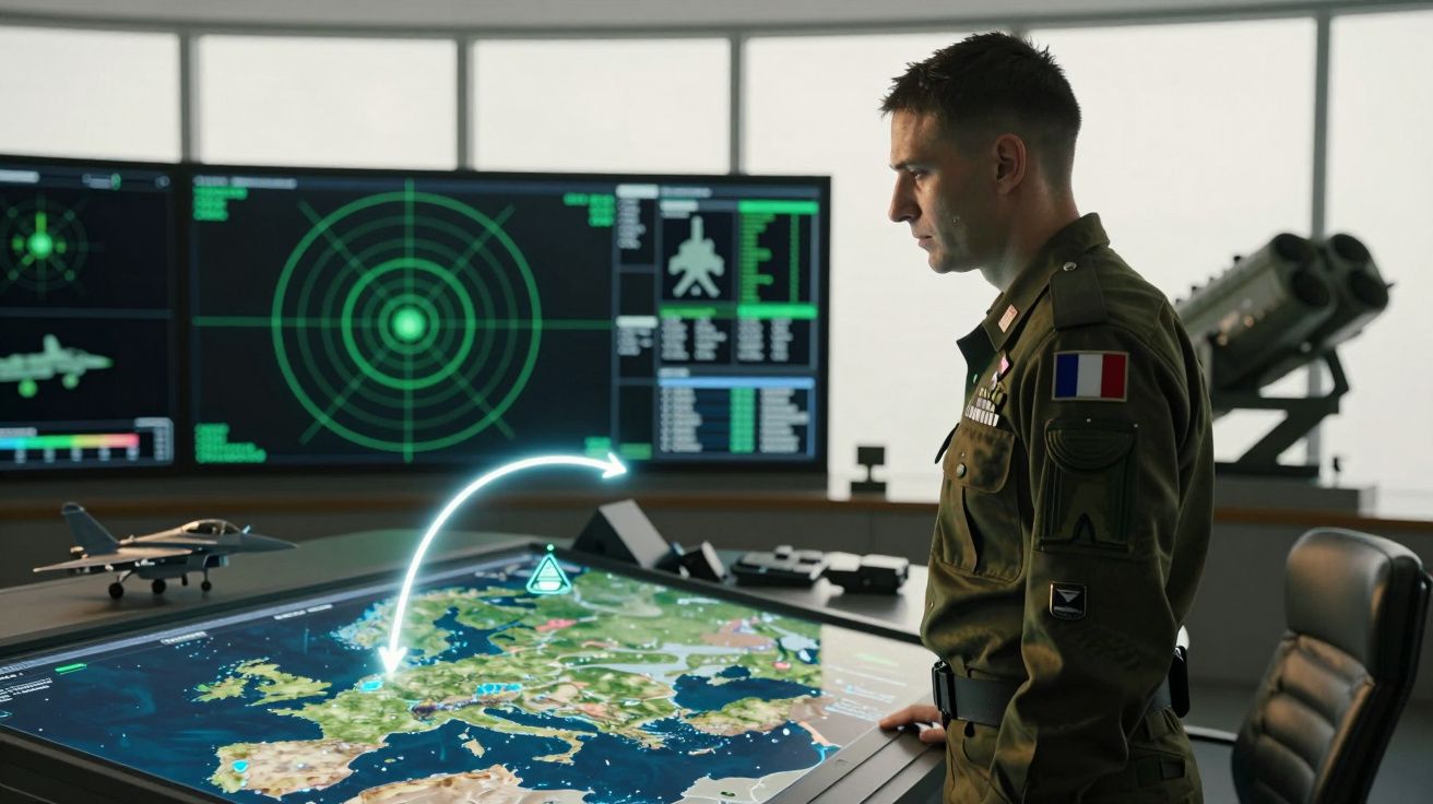 Militar francês de uniforme observa mapa digital interativo com dados de radar e imagem de jato num centro de controlo.