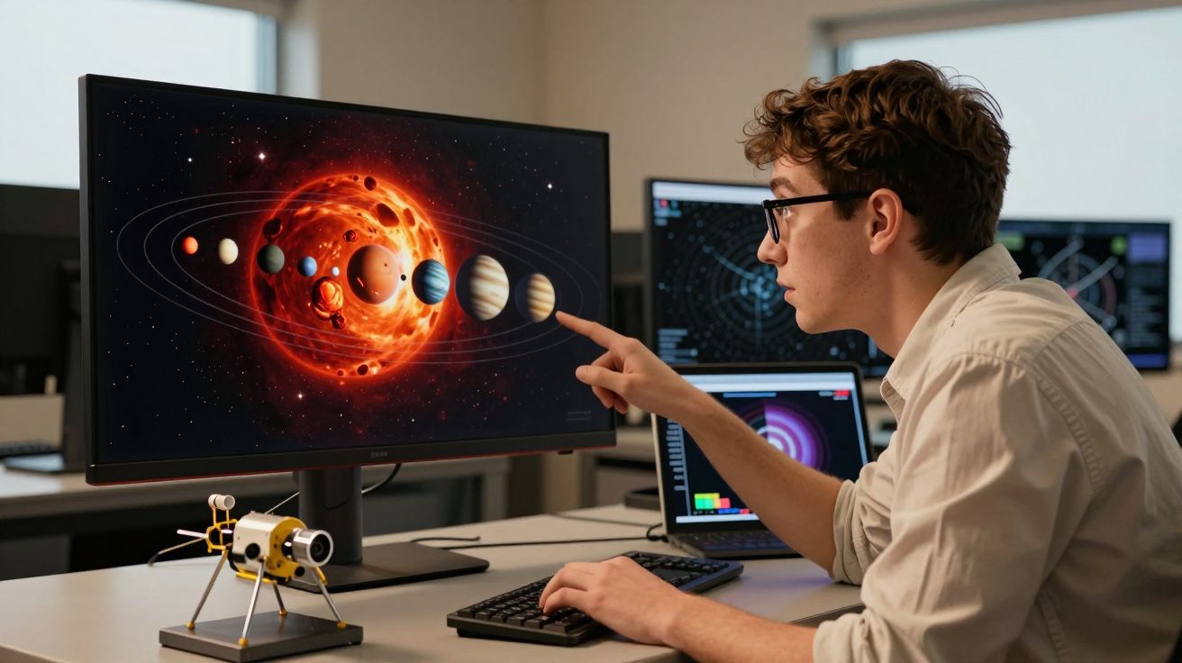 Jovem a explorar um modelo digital do sistema solar no ecrã de computador numa sala de aula ou laboratório.