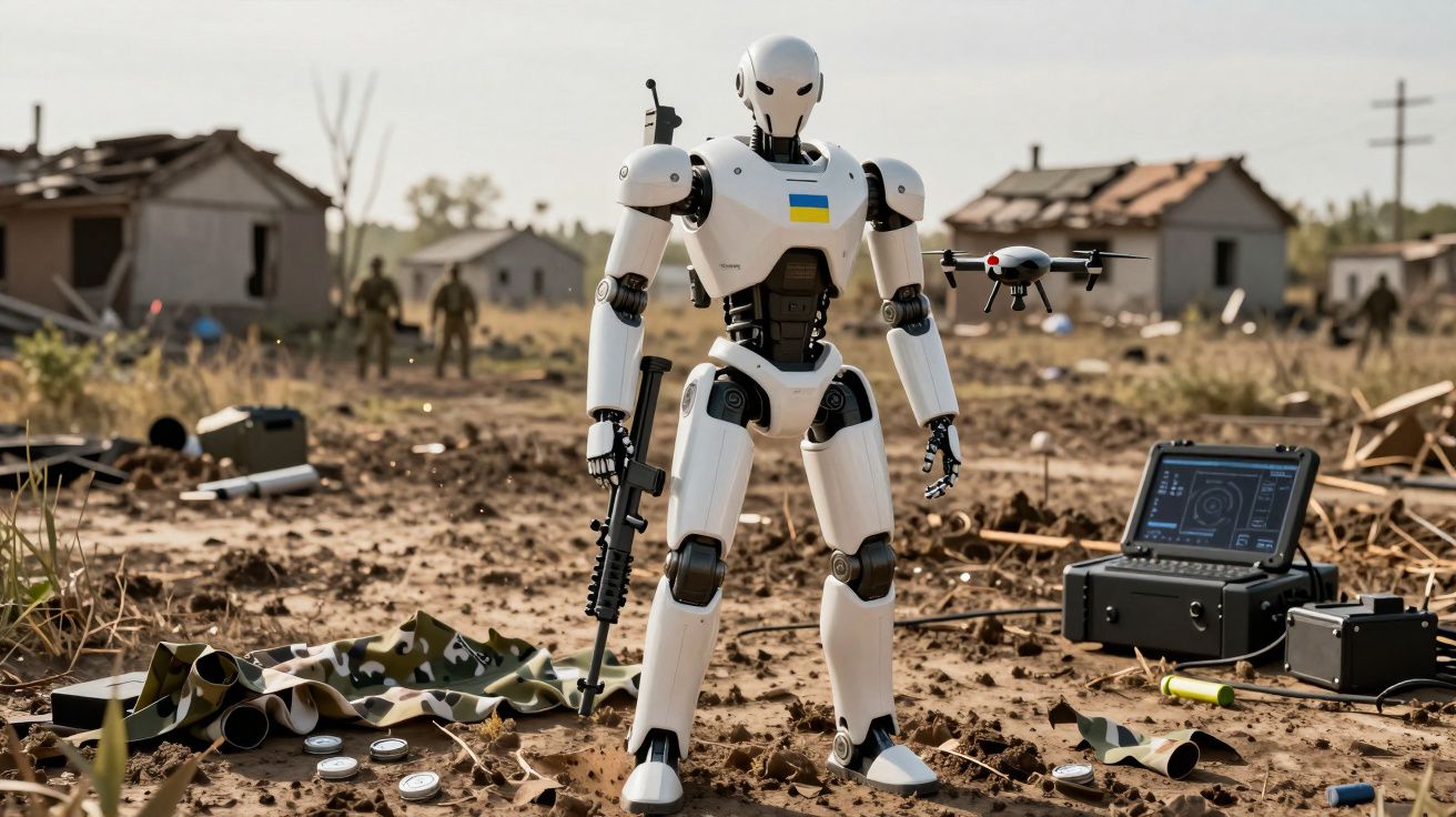 Robô militar branco com bandeira da Ucrânia, armado, em ambiente destruído com drone e equipamento tecnológico.