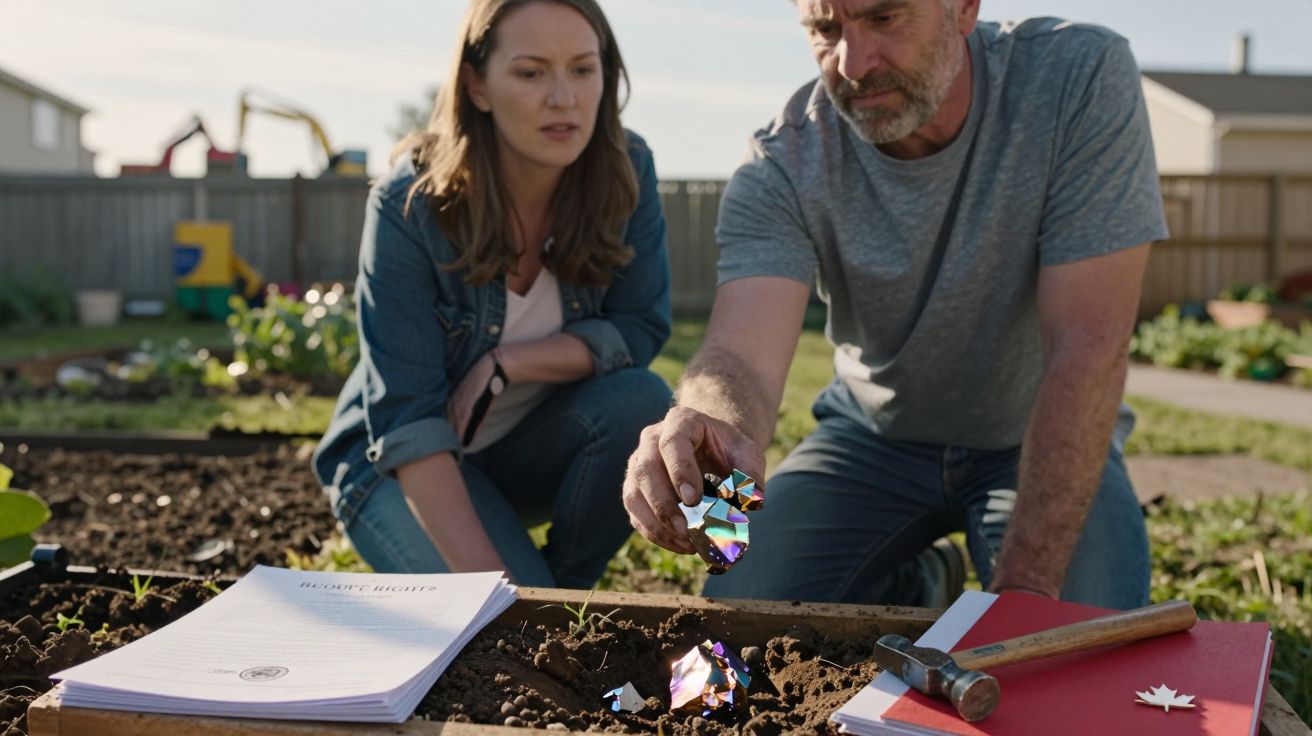 Homem e mulher examinam fragmentos brilhantes num canteiro de jardim, com papéis e martelo ao lado.
