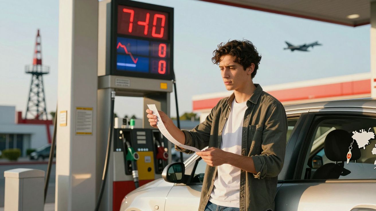 Homem jovem lê recibo ao lado de carro numa bomba de combustível, com avião a descolar ao fundo.