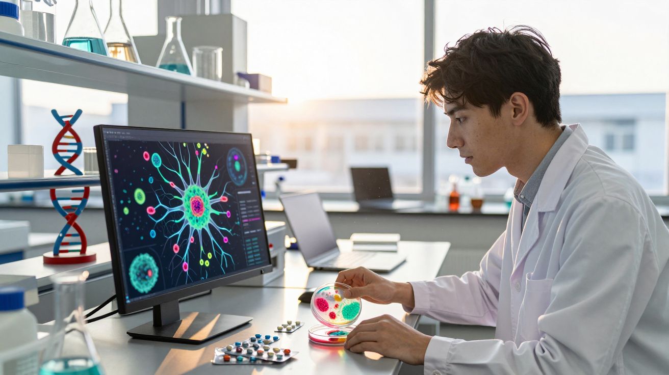 Cientista em laboratório a analisar cultura de bactérias em placa Petri com imagem microscópica no monitor.