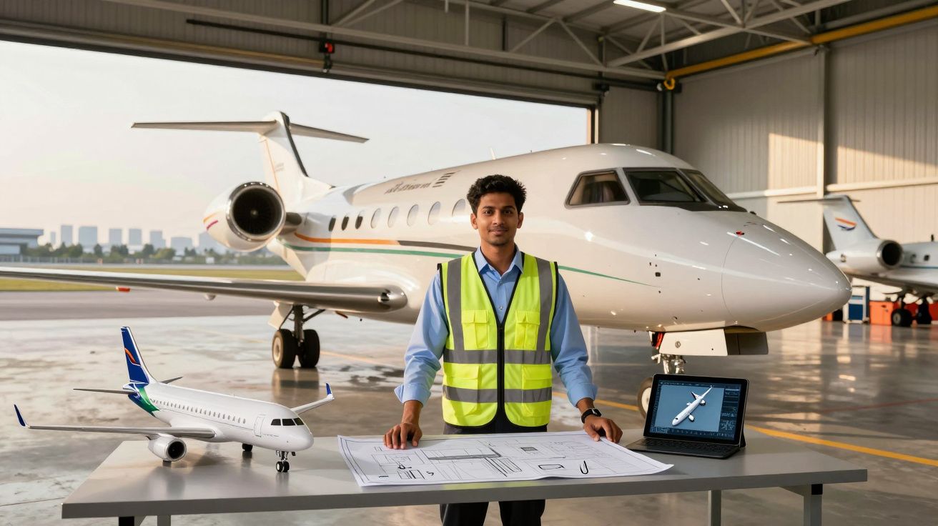 Homem com colete refletor junto a mesa com maquete de avião, plantas e portátil em hangar com jato atrás.