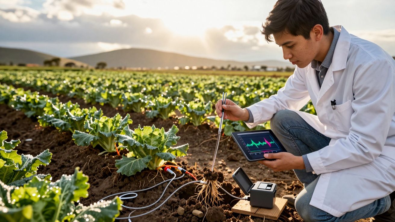 Cientista a analisar saúde das plantas numa horta com equipamento de monitorização e tablet.