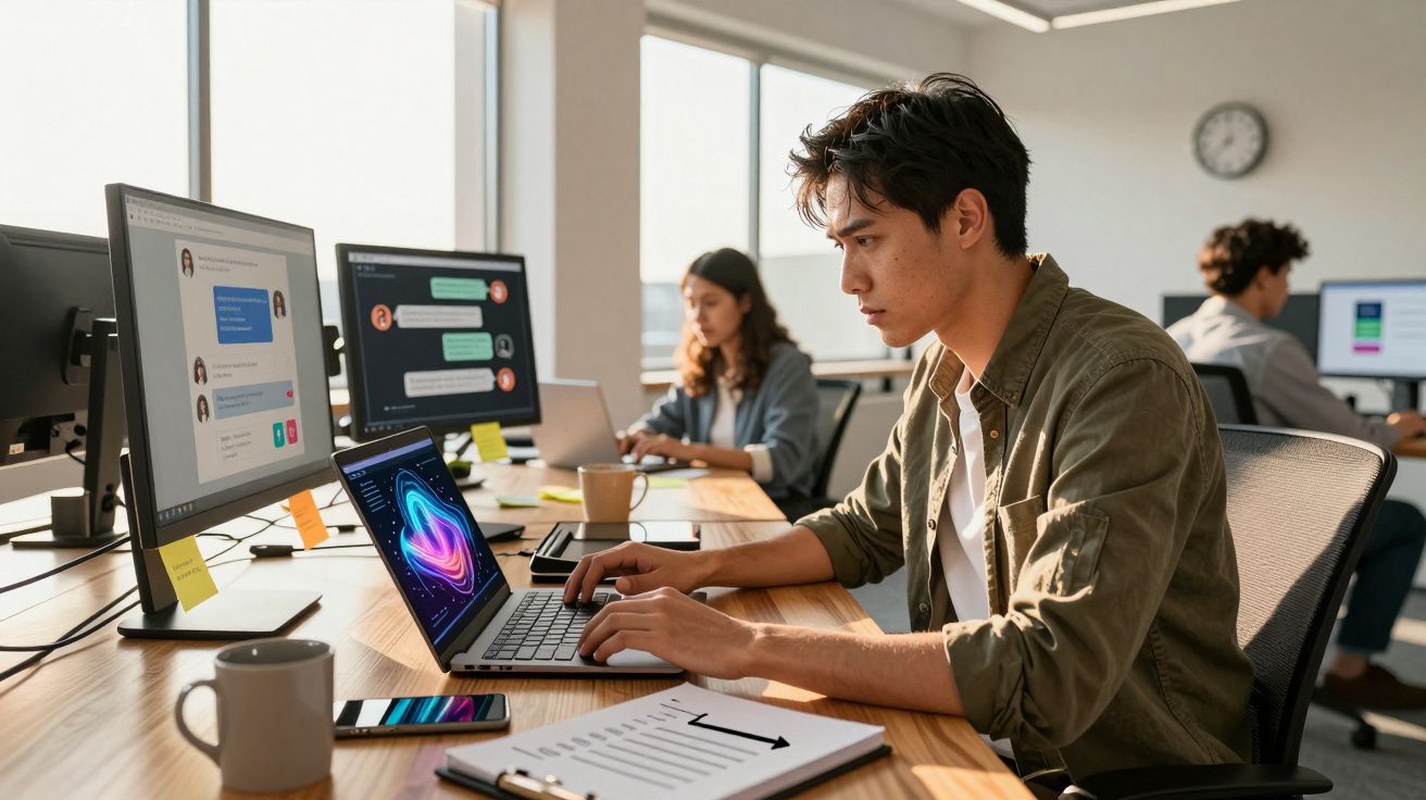 Jovem a trabalhar num escritório moderno, focado no computador portátil, com colegas ao fundo.
