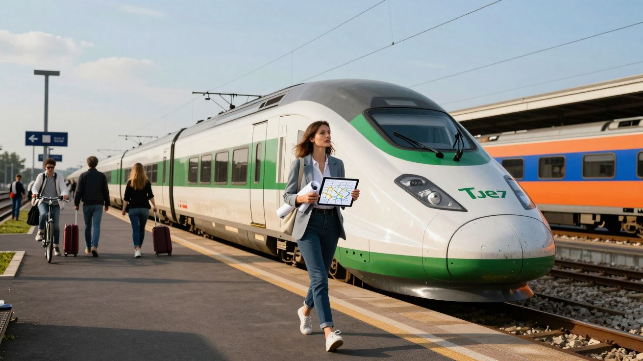 Mulher com tablet na mão caminha numa plataforma junto a um comboio moderno de alta velocidade Tj7.