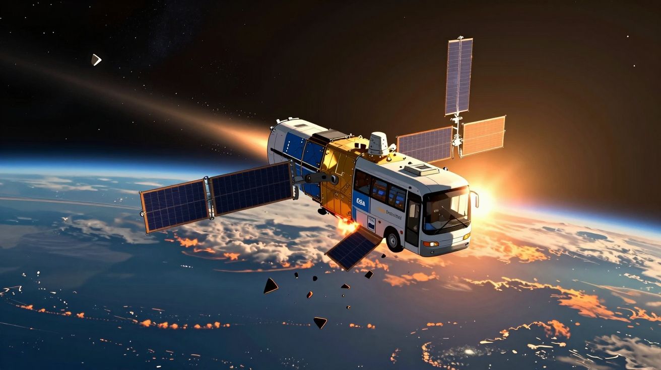 Autocarro espacial com painéis solares orbitando a Terra ao pôr do sol no espaço sideral.