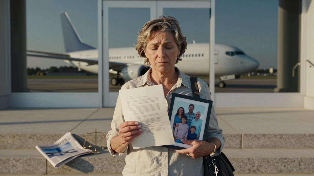 Mulher preocupada segura carta e foto de família, com avião no fundo no aeroporto.