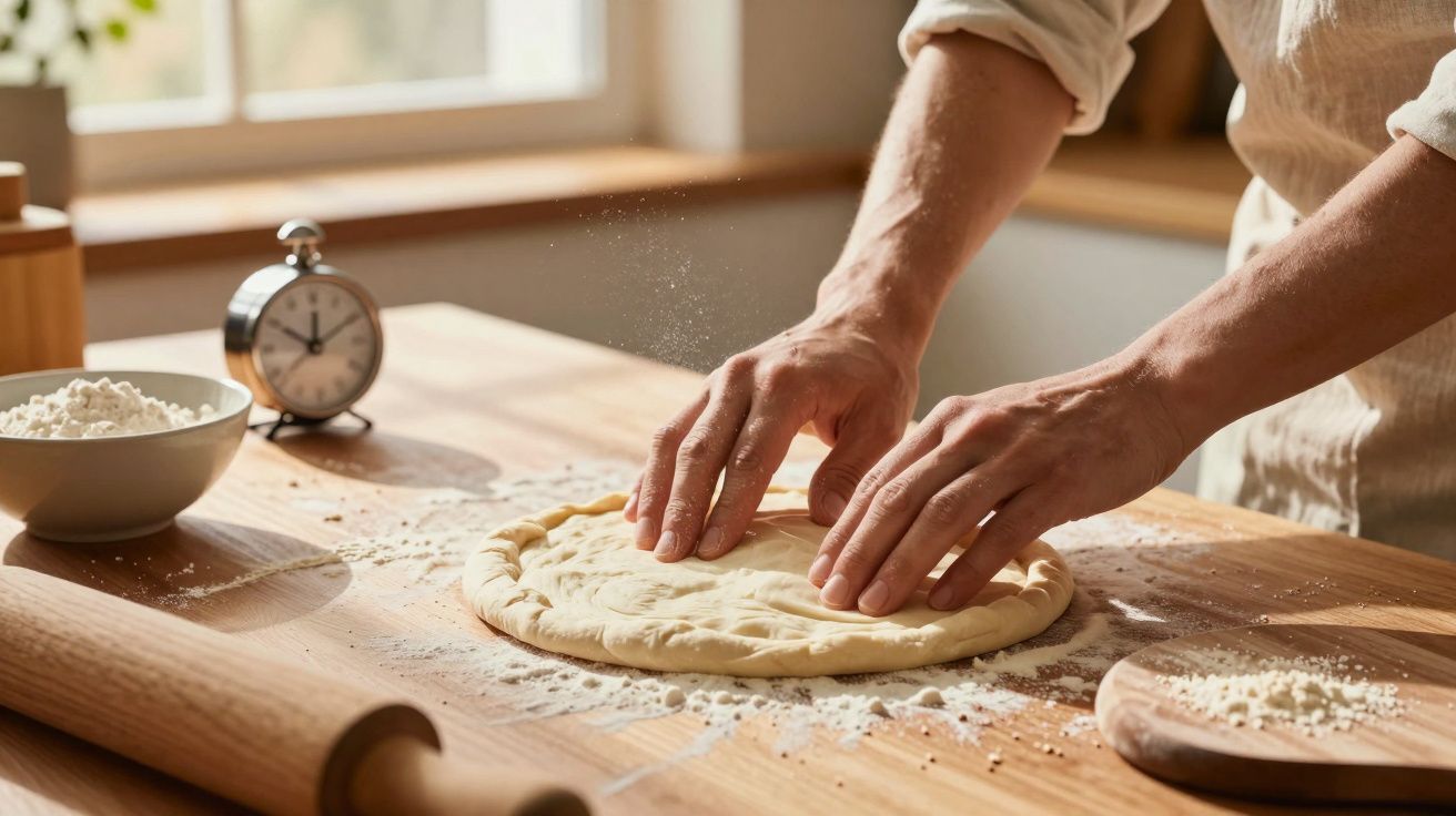 Mãos a moldar massa de pizza num balcão de madeira com farinha e rolo por perto, luz natural.