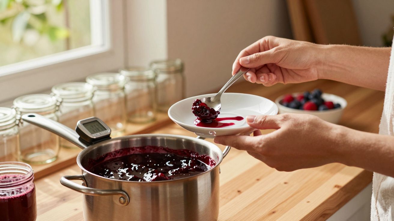 Pessoa a servir compota de frutos vermelhos de uma panela para um prato branco numa cozinha.