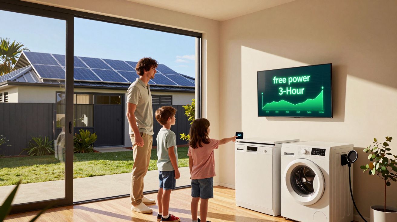 Família dentro de casa perto de eletrodomésticos com painel solar e gráfico de energia gratuita na parede.