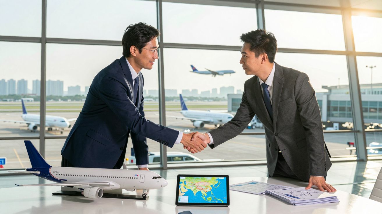Dois homens de negócios apertam as mãos num aeroporto com avião de modelo e mapa na mesa.