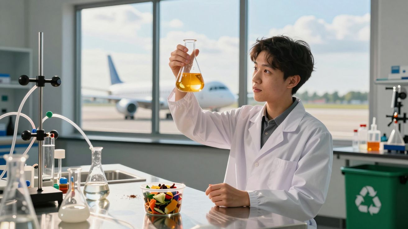 Jovem cientista em laboratório no aeroporto analisa líquido amarelo numa proveta.