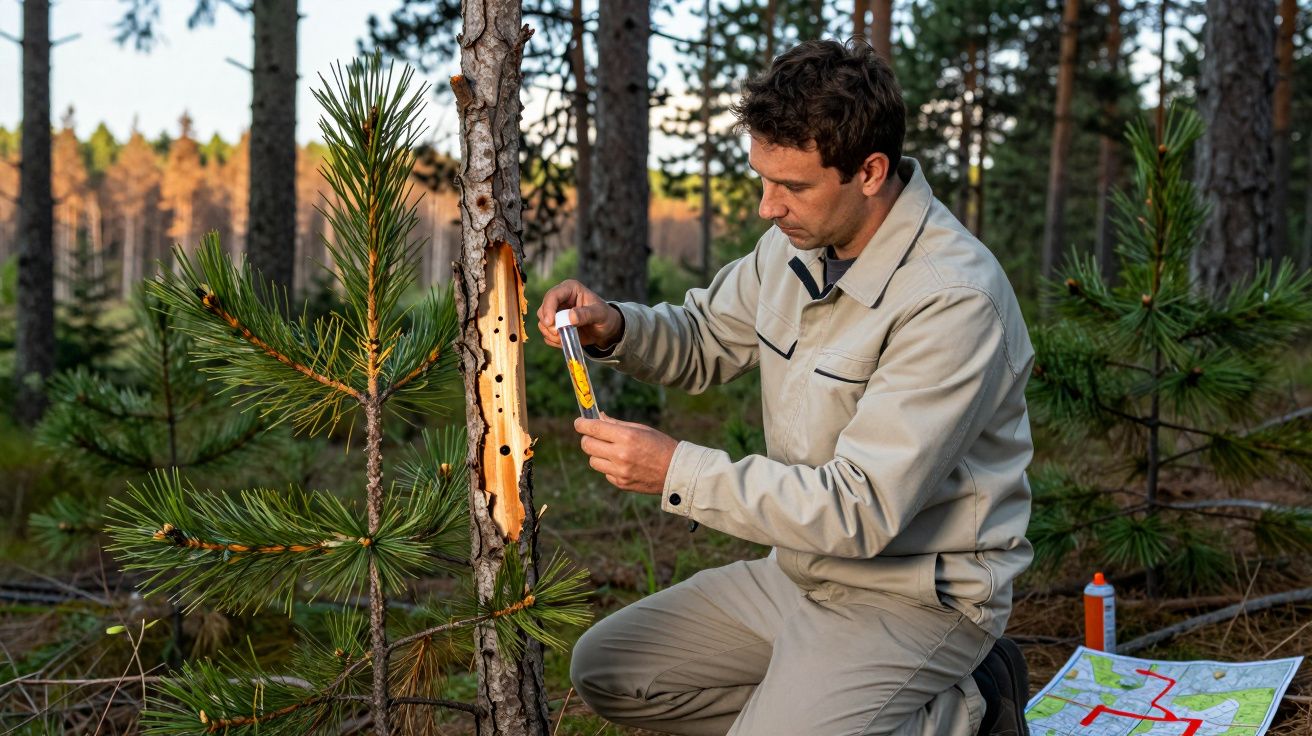 Homem a inspecionar danos numa árvore num bosque, com mapa e equipamento no chão.