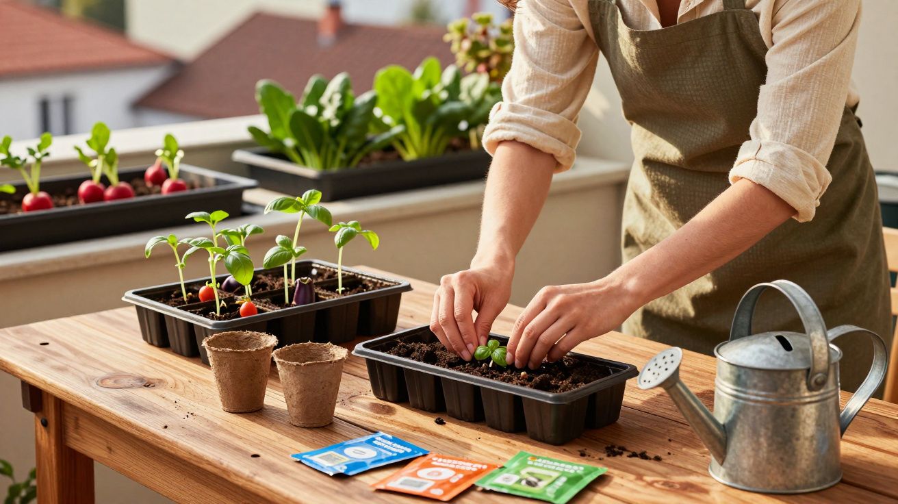 Pessoa a plantar pequenas plantas em tabuleiros de cultivo numa varanda ensolarada.