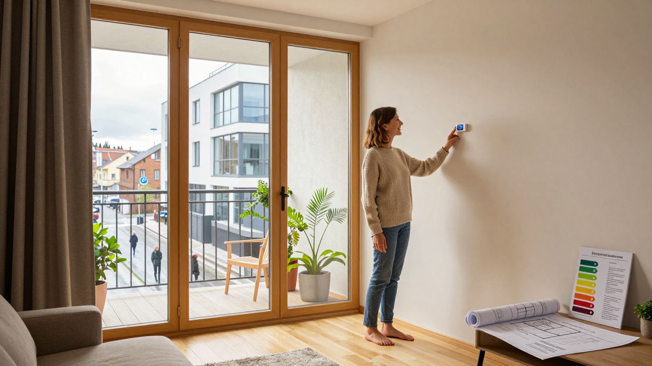 Mulher ajusta termóstato na parede de sala com portas de vidro para varanda e plantas.