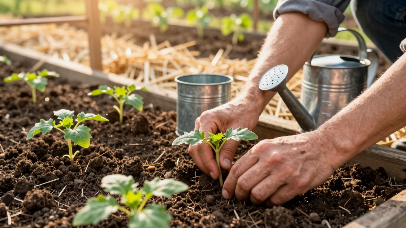 Mãos a plantar muda numa horta com regador metálico ao fundo em luz natural.