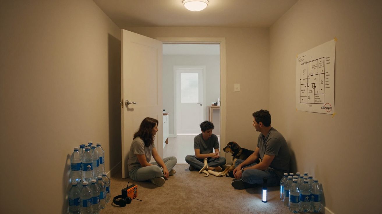 Família sentada no chão de uma sala vazia com garrafas de água, rádio e um mapa na parede, ao lado de um cão.