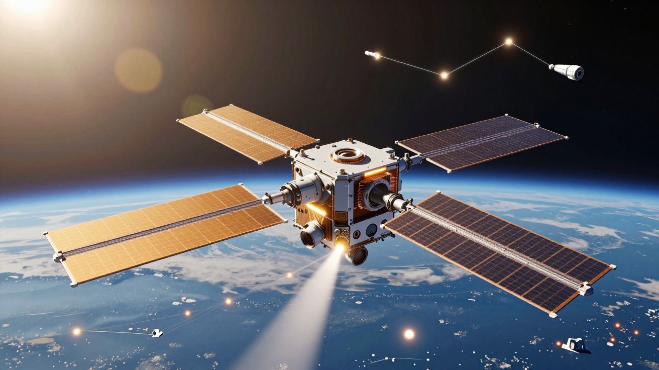 Satélite com painéis solares em órbita terrestre com emissões de luz e ponto brilhante no espaço.