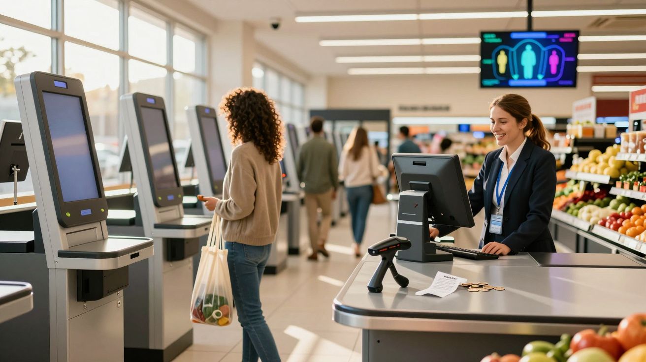 Mulher numa fila de caixas self-service de supermercado e funcionária sorridente num caixa tradicional.