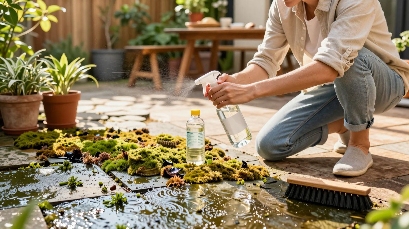Pessoa a limpar musgo de pedras exteriores com spray e escova, rodeada de plantas em vasos.