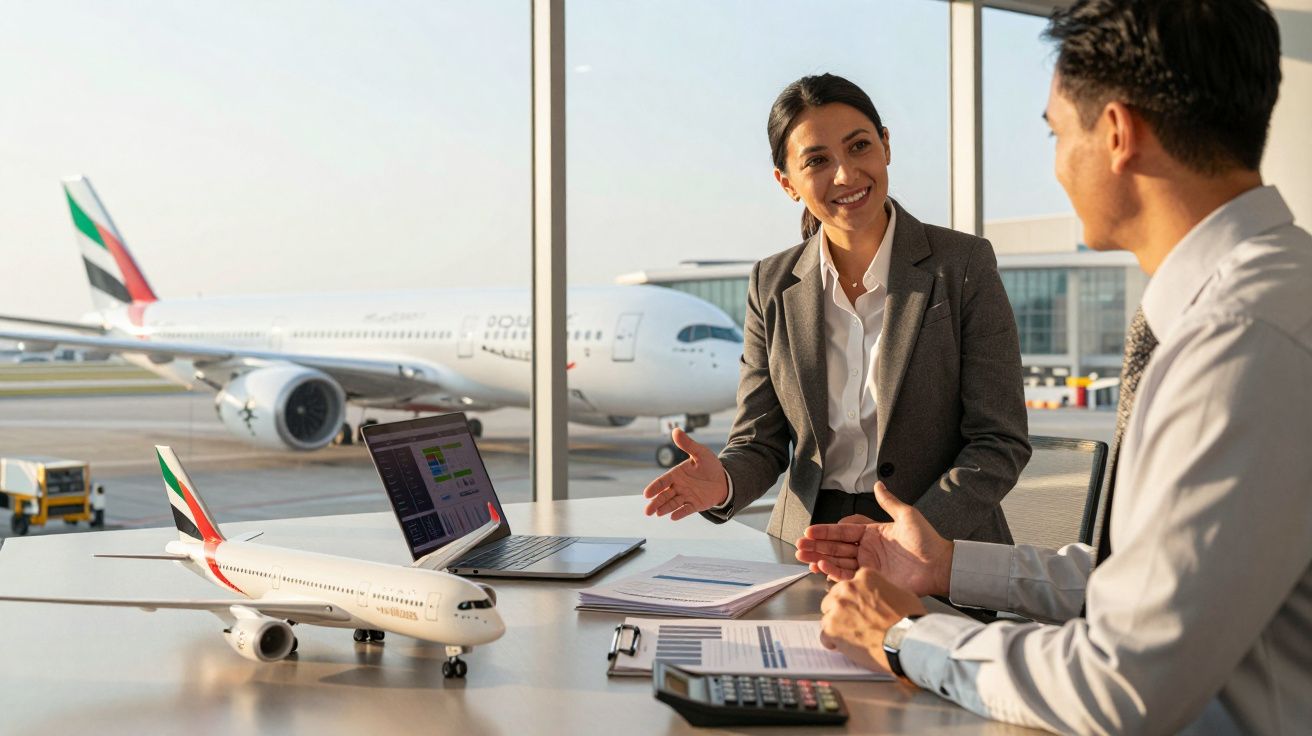 Duas pessoas a discutir negócios num escritório no aeroporto com aviões da Emirates ao fundo.
