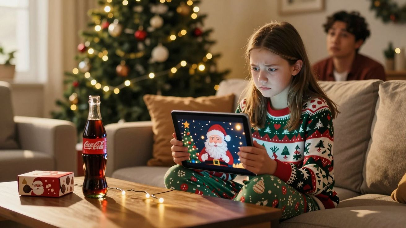 Menina de pijama natalício vê tablet com imagem do Pai Natal, à frente de árvore de Natal decorada.