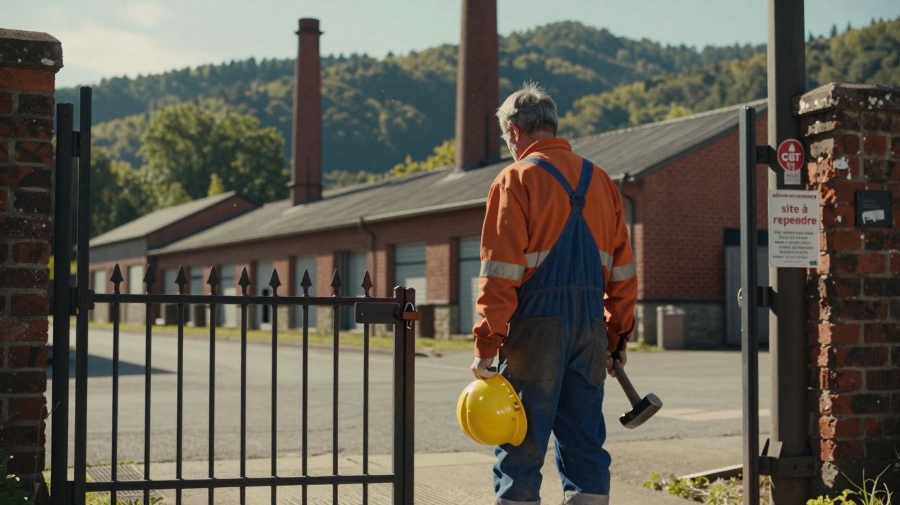 Homem de costas com roupa de trabalho segura capacete e martelo perto de portão de fábrica.