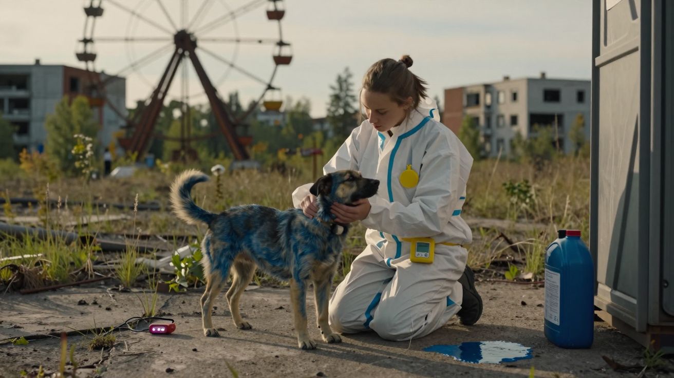 Mulher com fato protetor branca acaricia cão de cor azul em área urbana degradada com roda gigante ao fundo.