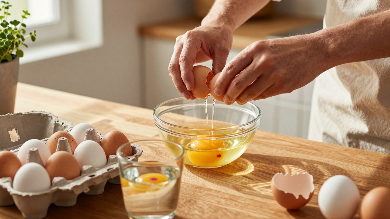 Pessoa a partir ovos num recipiente de vidro numa cozinha com tabuleiro de ovos ao lado.