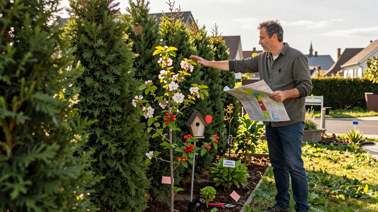 Homem a cuidar de plantas e flores num jardim durante o dia, segurando um mapa ou guia.