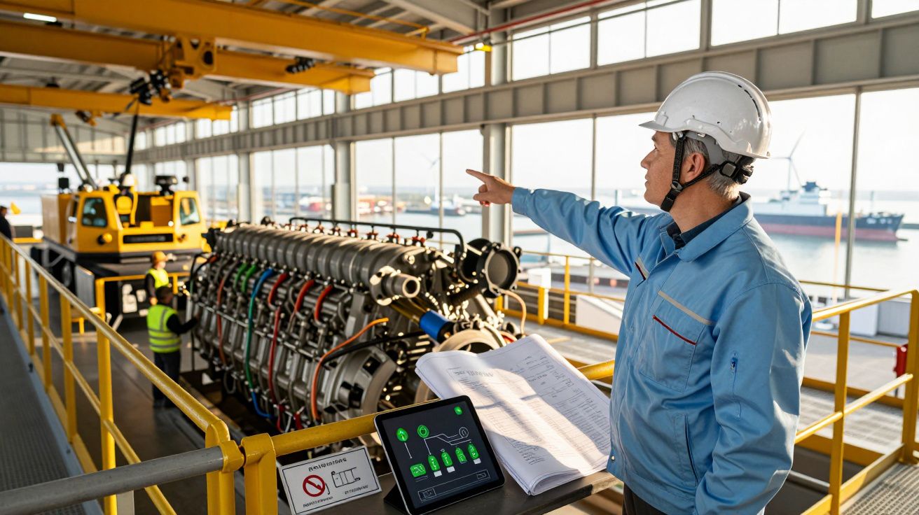 Engenheiro com capacete e equipamento de proteção indicando máquina grande numa fábrica junto ao porto.