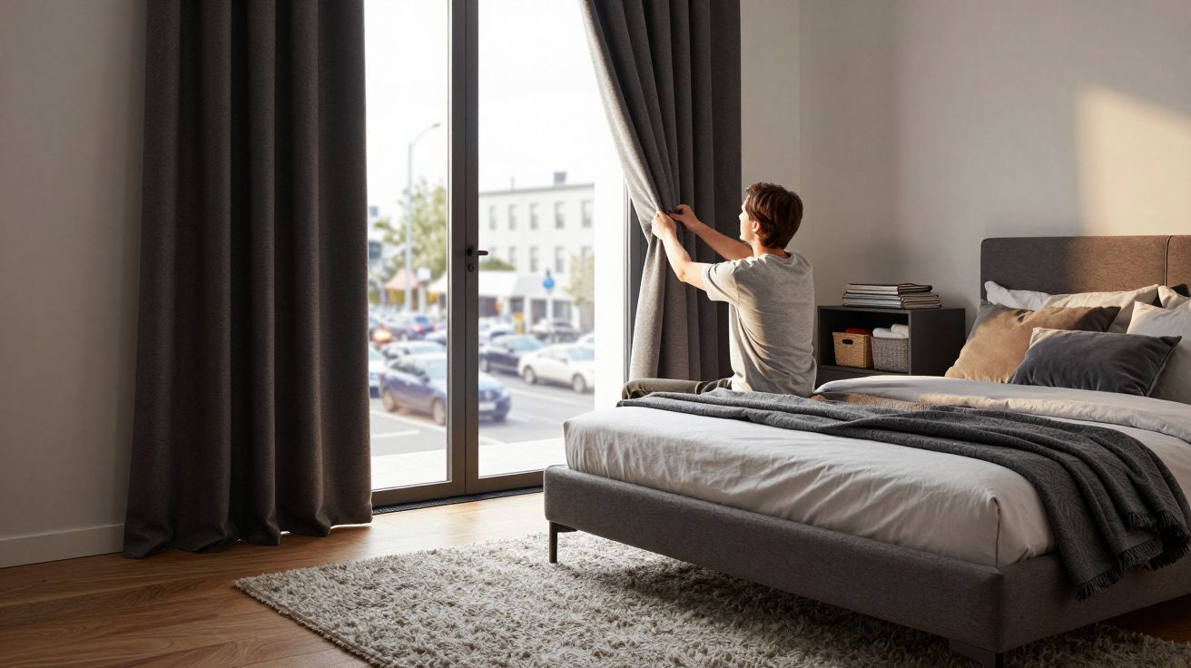 Pessoa a abrir cortinas numa janela grande num quarto moderno com cama arrumada e tapete cinzento.
