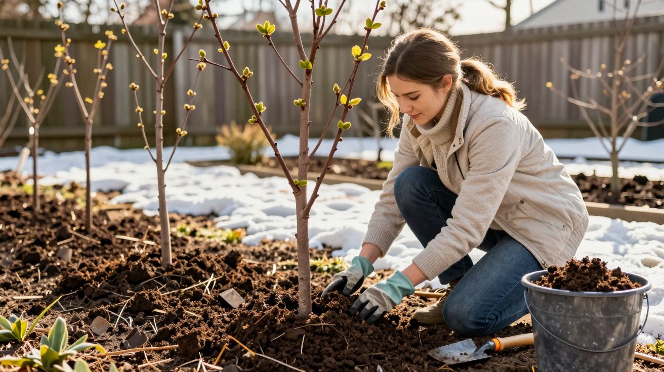 Mulher a plantar árvores jovens na terra, com luvas e ferramentas de jardinagem, em ambiente exterior com neve.