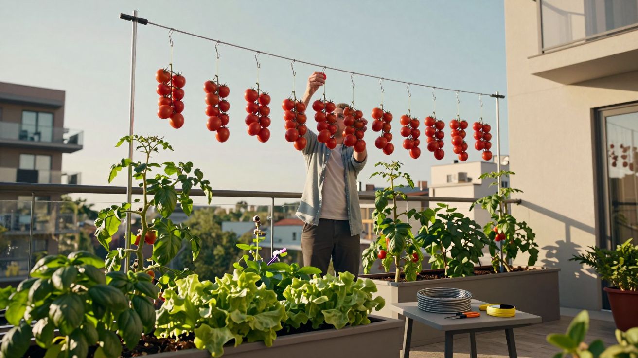 Pessoa num terraço a pendurar cachos de tomate cereja para secar, rodeada de hortícolas em vasos.