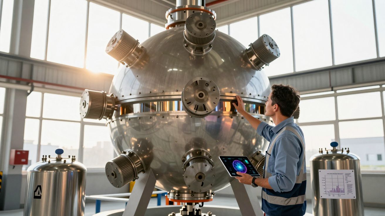 Técnico inspeciona equipamento esférico metálico complexo numa sala industrial luminosa com tablet na mão.