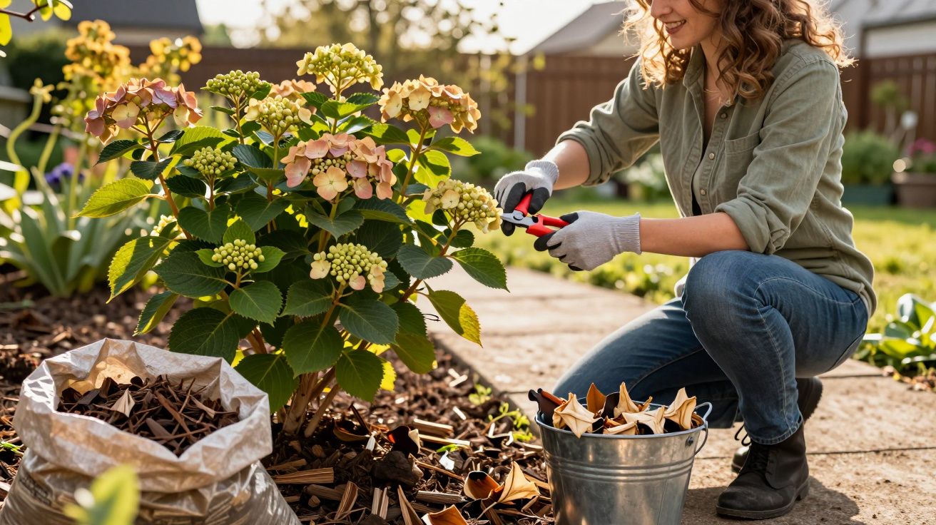 Mulher a podar flores num jardim ensolarado, com luvas e ferramentas de jardinagem, rodeada de plantas e folhas secas.